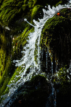 Wasserfall Alpen Nationalpark Berchtesgaden K&ouml;nigssee Nahaufnahme Tropfen einfrieren Detail Moos Wachstum Leben Kraft Elemente Quelle Ursprung Schmelzwasser Bayern Idyll Gischt rieseln