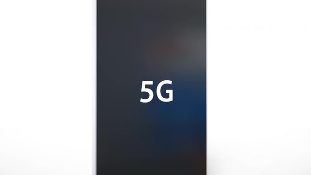 Concept of new technology delivering. White glossy cardboard box on white background, package for device or smartphone, 5g symbol on top cover. Camera pan rotate movement, 3g cgi 60 fps animation.
