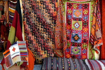  Traditional colorful rugs and carpets are decorated orientally in a carpet store in Cappadocia Turkey.