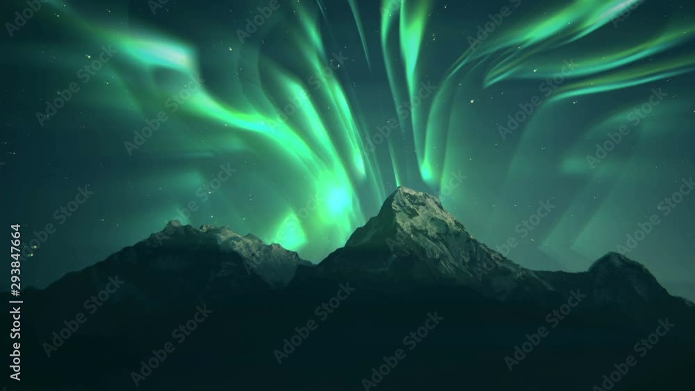 Wall mural aurora borealis green northern lights mountains. landscape aurora background. starry night sky scene