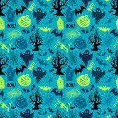 Abstract seamless halloween pattern for girls, boys, clothes. Creative background with dots, scary figures Funny wallpaper for textile and fabric. Fashion style. Colorful bright