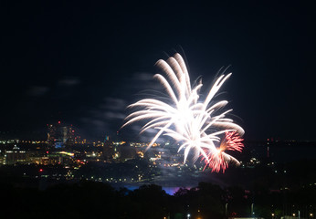 The aerial view of fireworks above Niagara River and falls