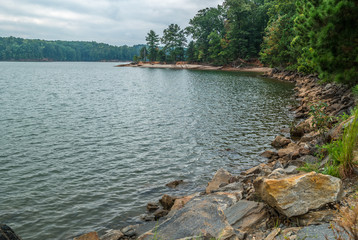 Lake shoreline with rocks and trees