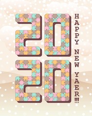 2020 jigsaw puzzle background with many colorful pieces. Happy New Year card design. Abstract mosaic template. Vector illustration.