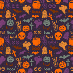 Abstract seamless halloween pattern for girls, boys, clothes. Creative background with dots, scary figures Funny wallpaper for textile and fabric. Fashion style. Colorful bright