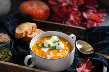 Pumpkin cream soup with coconut milk, pumpkin seeds and mozzarella balls on a dark concrete...