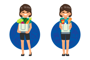 Woman character invite use fabric bag to shopping daily food for supermarket.