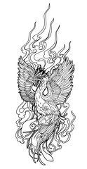 Tattoo art bird hand drawing and sketch black and white on white background.