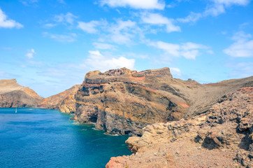 Volcanic cliffs of Ponta de Sao Lourenco, Madeira Island, Portugal. The easternmost point of the island of Madeira, volcanic landscape by the Atlantic ocean. Nature tourist attraction