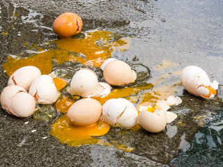 Broken eggs on wet asphalt, bad day in rainy weather. Close up image. Bad day concept