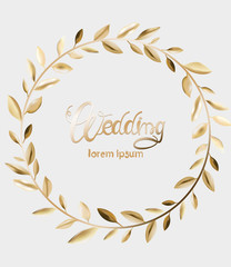 Wedding greeting card with golden leaves wreath. Vector composition