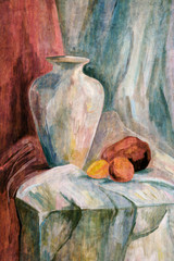 Old picture of the artist. Still life painted with art paints