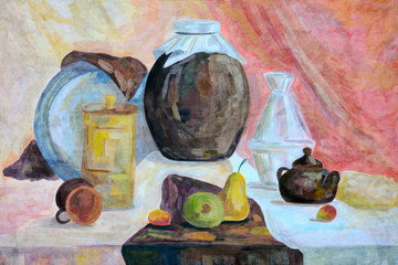 Old picture of the artist. Pitcher, dishes and fruits on a woven tablecloth
