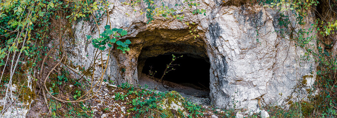 wide shot of mountain cave in the Italian Apennines mountains of the south-east Lazio region