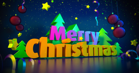 Christmas night colorful background. Greeting cards. Shining 3d illustration. Glowing stars with bright Merry Christmas wishes. Christmas snowflakes. 4K quality