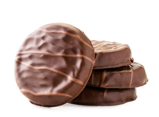 Round cookies in chocolate closeup on a white. Isolated