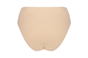 Beautiful female lacy beige panties isolated on white background. Sexy underwear
