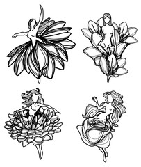 Tattoo women and flower hand drawing sketch black and white