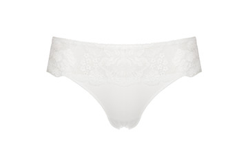 Beautiful female lacy white panties isolated on white background. Sexy underwear