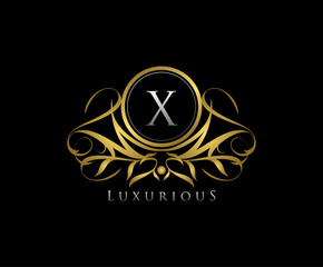 Classy X Letter Luxury Boutique , Heraldic, Royal, Decoration, Boutique Logo. Interior Icon. Fashion, Jewelry, Beauty Salon, Hotel Logo. Cosmetics, Spa Logo. Resort and Restaurant Logo. 