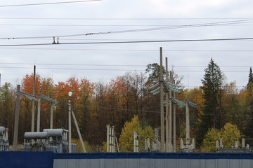 power station for high-voltage lines behind the fence