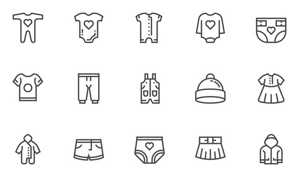 Baby clothes vector line icons set. Bodysuit, nappies, underpants, shorts, dress. Editable stroke. 48x48 Pixel Perfect.
