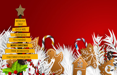 Merry Christmas Greeting Card with Different Languages (Joyeux Noël, Frohe Weihnachten, Buon Natale, Feliz Navidad, Счастливого рождества!, and Wesołych Świąt).