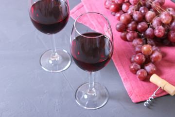 red wine and grapes on the table top view.
