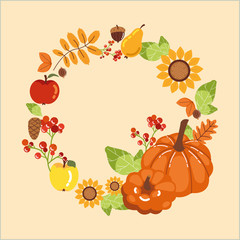 wreath with pumpkins of autumn and decoration