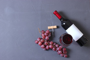 red wine and grapes on the table top view.