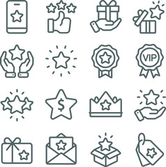 Loyalty Program icons set vector illustration. Contains such icon as VIP, Benefit, Voucher, Exclusive, Badge, Winner and more. Expanded Stroke