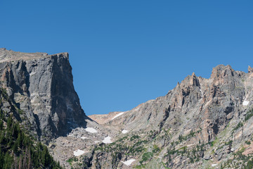 Rocky Mountain National Park low angle landscape of grey granite mountain peaks near Emerald Lake