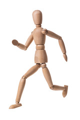 Wooden man Isolated on a white background. Gestalt in the shape of a running man