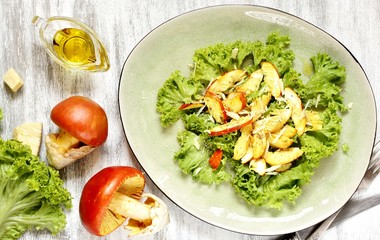 salad or carpaccio of raw mushrooms Amanita Caesarea . a family of fly-agarics of the highest category, a delicious mushroom. Italian Cuisine. raw food diet. copy space. top view
