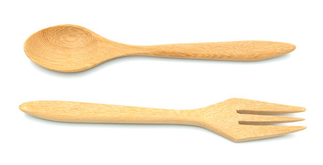 arrange fork and spoon wooden textured isolated on white background
