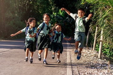 Excited kids walking after school