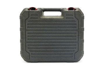 A portable portable black plastic toolbox standing isolated on white background