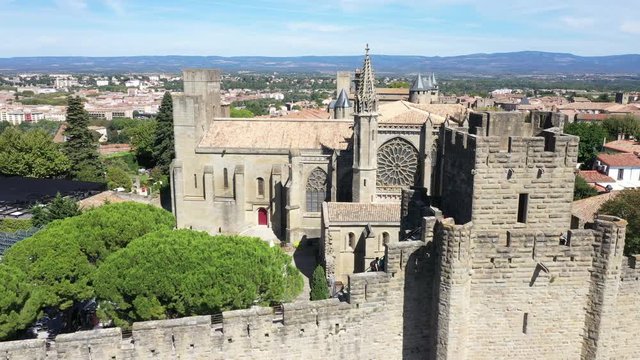 Aerial top view of Carcassonne medieval city and fortress castle from above, Sourthern France