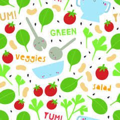 Super cute vector texture with Salad leaves, tomatoes, spinach, parsley, white beans, seeds, letters and cute plates. Seamless pattern with vegetables. Healthy food background.