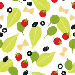 Super cute vector texture with Salad leaves, tomatoes, spinach and black olives. Seamless pattern with vegetables. Healthy food background.