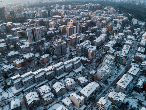 Aerial panorama above the city of Sofia, Bulgaria