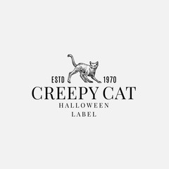 Fototapeta premium Premium Quality Halloween Logo or Label Template. Hand Drawn Creepy Cat Sketch Symbol and Classy Retro Typography.