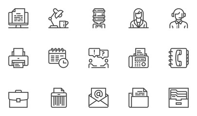 Office vector line icons set. Workplace, meeting, administrator, manager, support, business correspondence. Editable stroke. 48x48 Pixel Perfect.