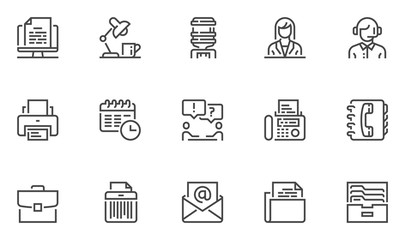 Office vector line icons set. Workplace, meeting, administrator, manager, support, business correspondence. Editable stroke. 48x48 Pixel Perfect.