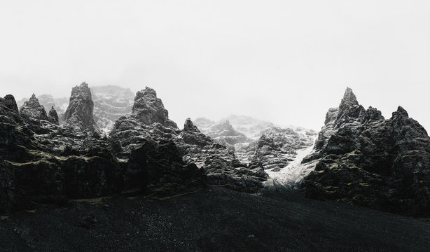 Jagged Mountain Range Tops With Powdered Snow in Iceland