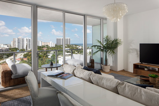 Apartment family room overlooking ocean and beach