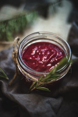 Traditional Thanksgiving cranberry sauce. Homemade red sauce for Thanksgiving and Christmas turkey dish.