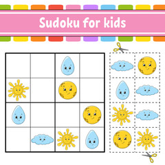 Sudoku for kids. Education developing worksheet. Activity page with pictures. Puzzle game for children. Logical thinking training. Isolated vector illustration. Funny character. Cartoon style.