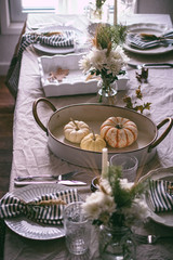 Thanksgiving celebration. Festive roasted turkey. Table setting decoration.