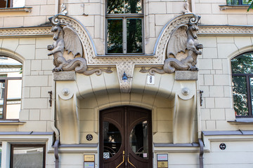 Sculpture of a dragon on the facade of an art nouveau building in Riga, Latvia